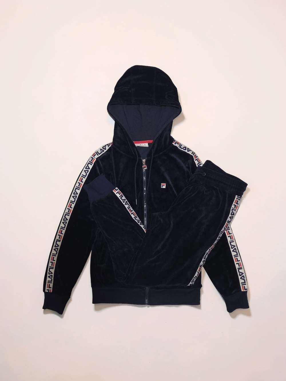 FILA Women’s Small Navy Velour Tracksuit Set Logo Tape Y2K Hoodie Joggers